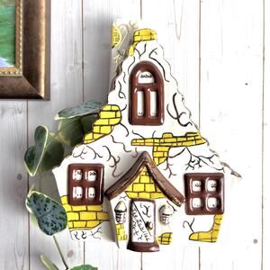 VTG 1960s Ceramic Cottage House Wall Pocket Planter Gold Accents Hand Painted